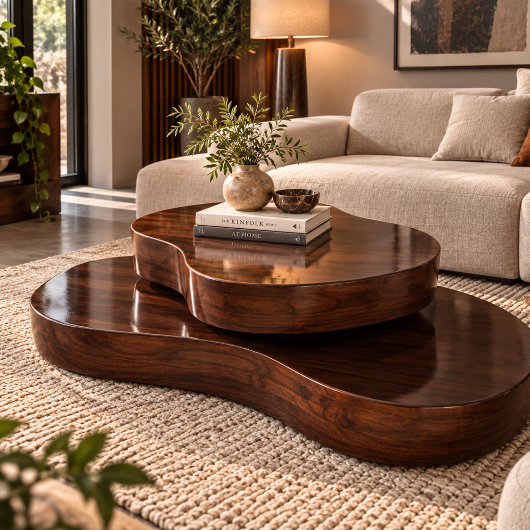 Shop a handcrafted 100% solid Sheesham wood coffee table with an organic two-tier design and luxurious high-gloss finish. 48" × 30" × 18".