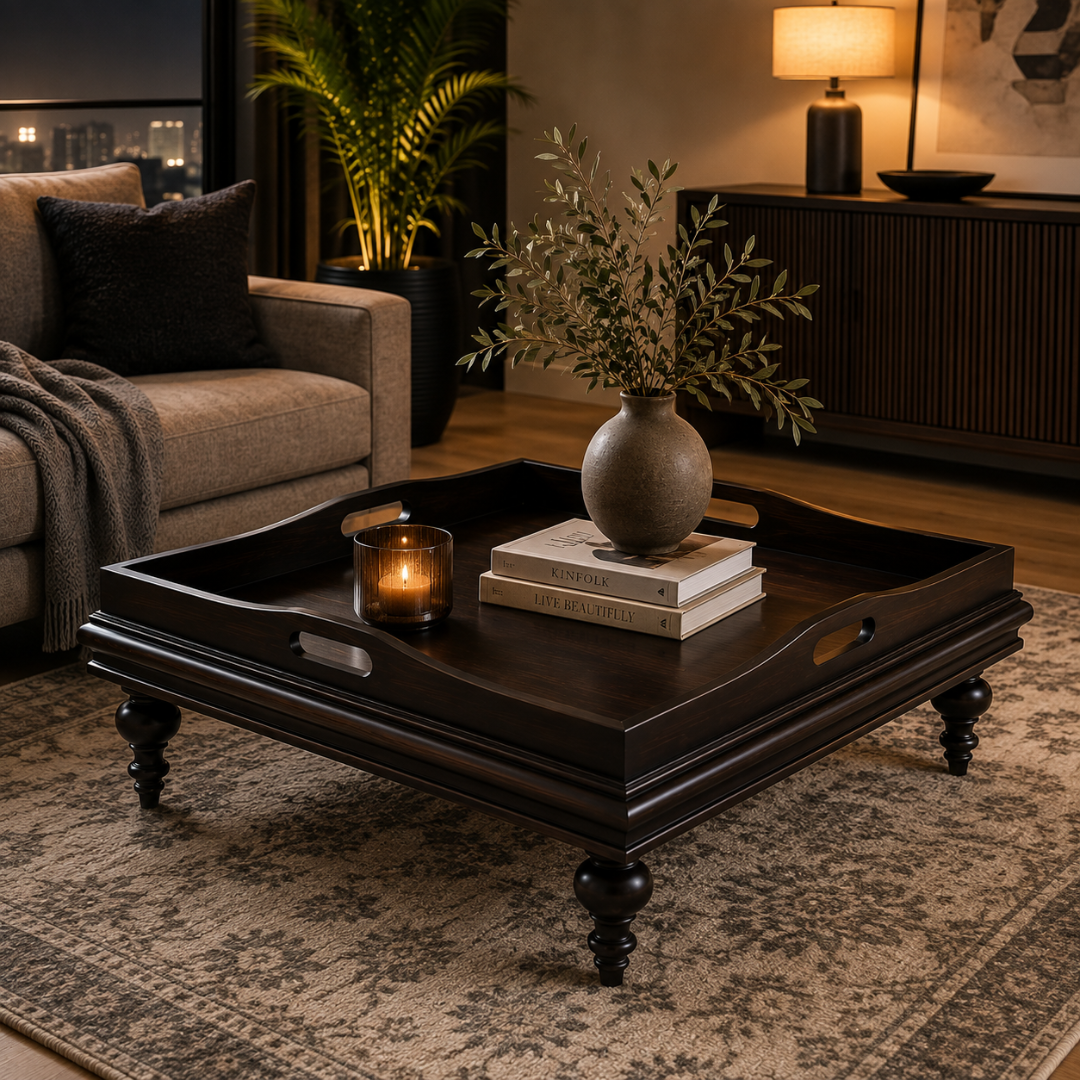 A dark wood square coffee table tray with turned legs and side handles, styled in a cozy living room with a vase, books, and a candle on top.