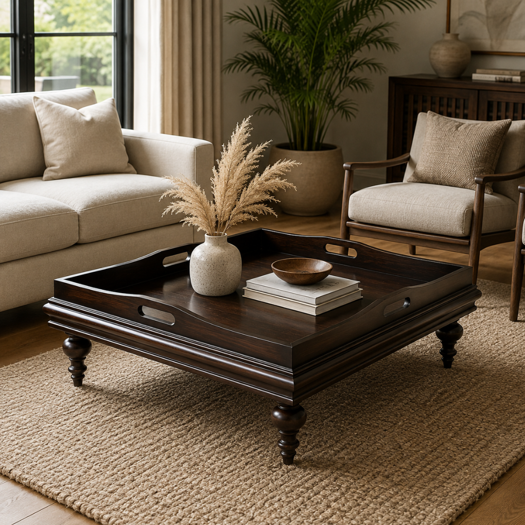 A dark brown wooden coffee table with turned legs and integrated tray handles sits in a styled living room. The table is styled with a textured cream vase containing dried pampas grass and a small wooden bowl on top of stacked books.