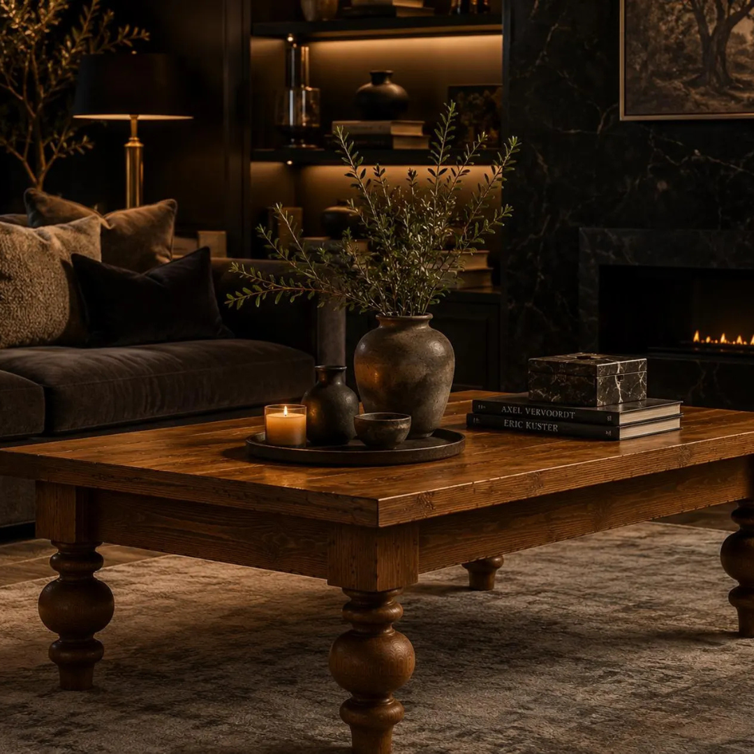 A rustic dark wood coffee table in a cozy, dimly lit living room setting with a sofa, fireplace, and decorative vases.