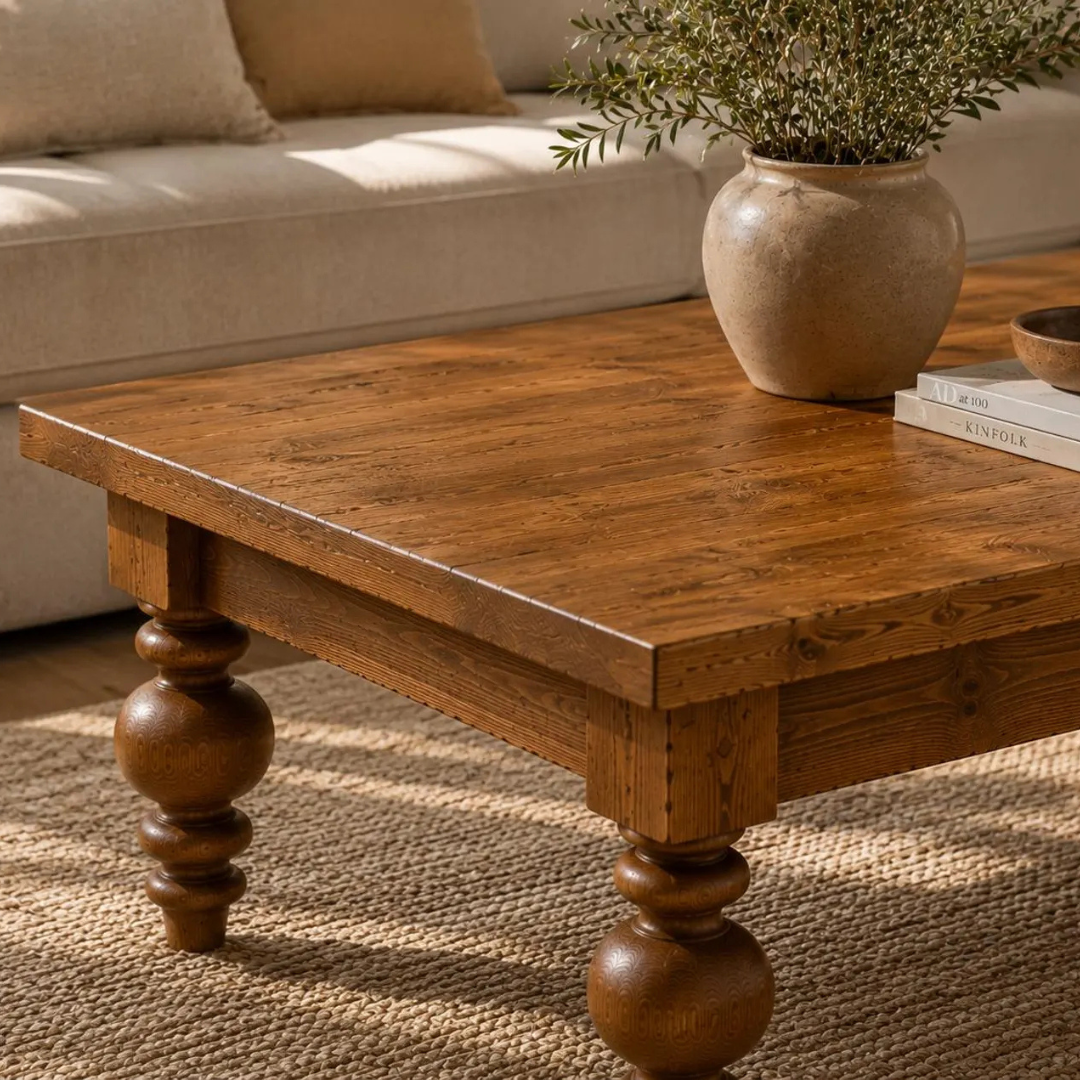 A rustic rectangular wooden coffee table with turned ball-style legs, shown in a styled living room setting with a sofa, rug, potted plant, and books in the background.