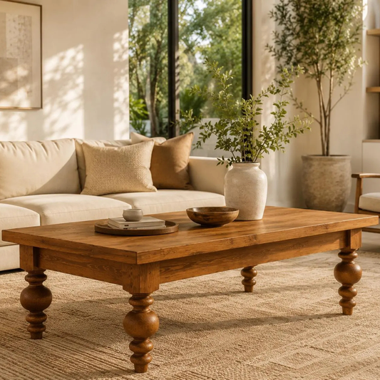 A rustic wooden coffee table with turned legs in a bright, modern living room setting with a cream sofa, potted plants, and a woven rug.