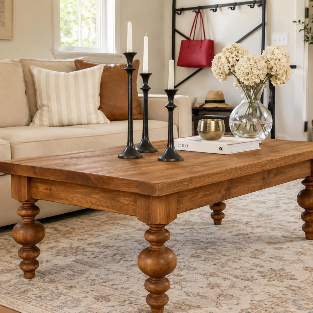 A rustic wooden coffee table with turned legs in a styled living room, decorated with black candlesticks, a glass vase of white flowers, and books.