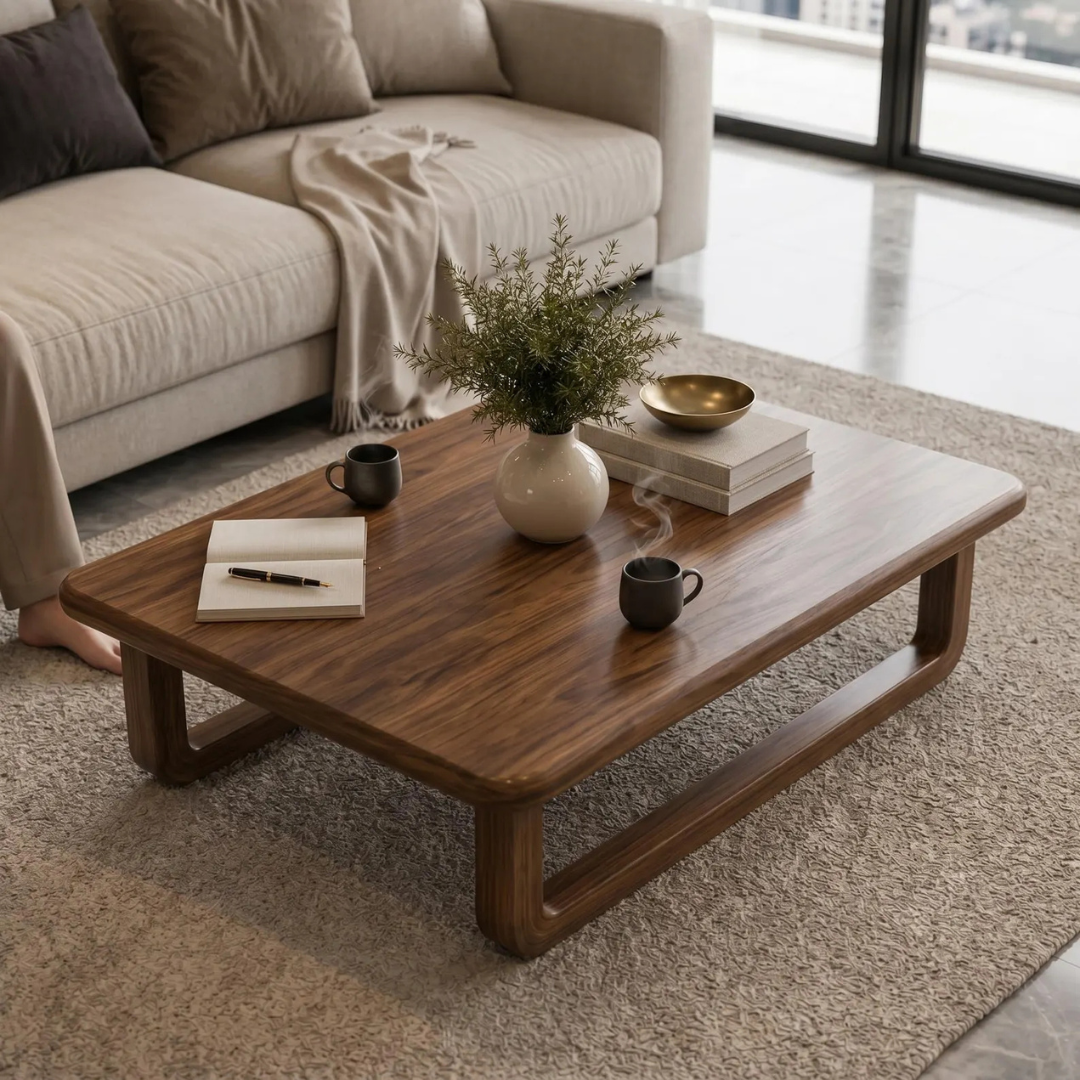 A rectangular wooden coffee table with a dark brown grain finish sits on a beige shag rug in a modern living room. The table is styled with a ceramic vase of greenery, books, a small brass bowl, and two black mugs, with a beige sofa visible in the background.