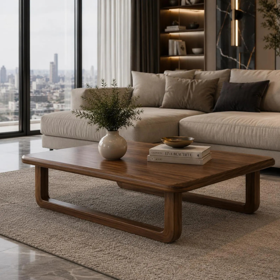 A modern rectangular wooden coffee table with a low-profile frame, styled in a contemporary living room with a beige sectional sofa, a vase of greenery, and books on top.