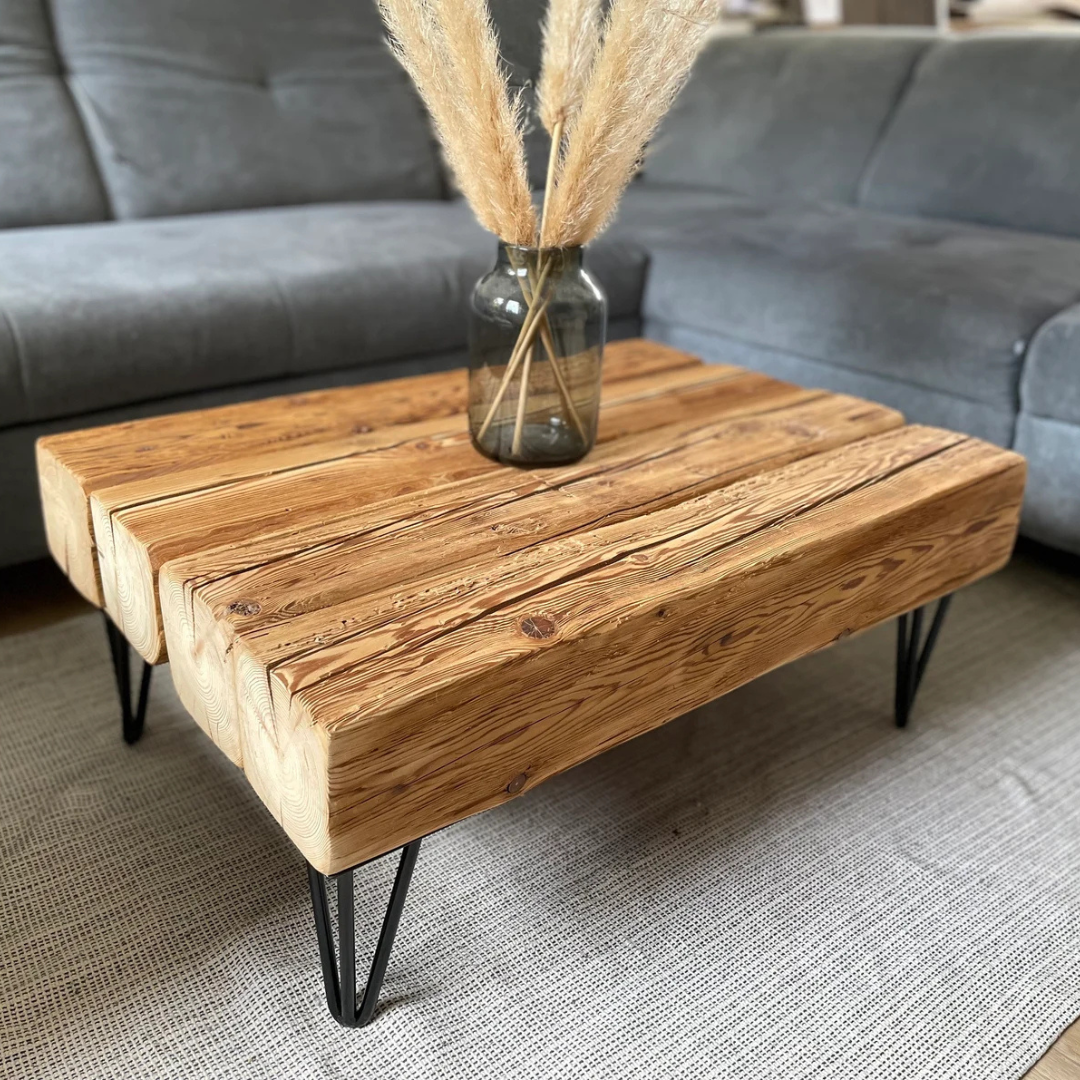 Handcrafted Solid Sheesham & Acacia Wood Coffee Table | Rustic Industrial Hairpin Leg Coffee Table | Modern Living Room Furniture