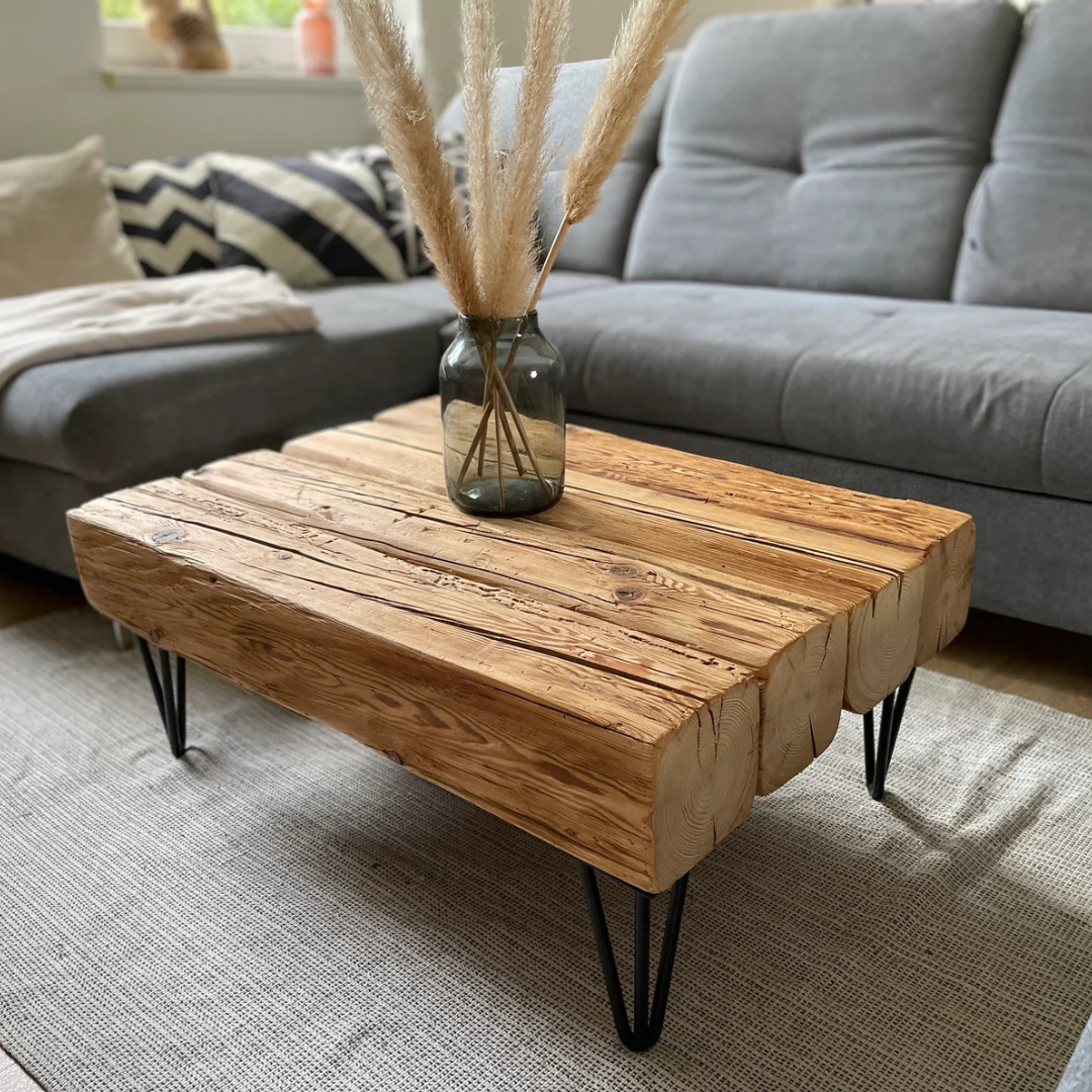Handcrafted Solid Sheesham & Acacia Wood Coffee Table | Rustic Industrial Hairpin Leg Coffee Table | Modern Living Room Furniture