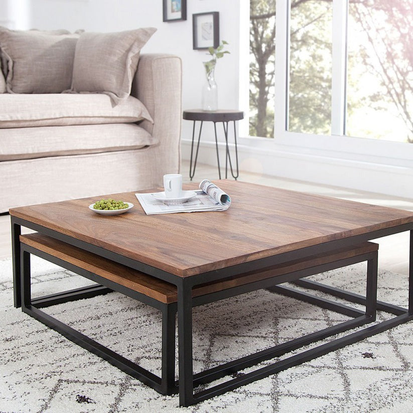 Handcrafted Sheesham wood top on black metal frame – large modern central table