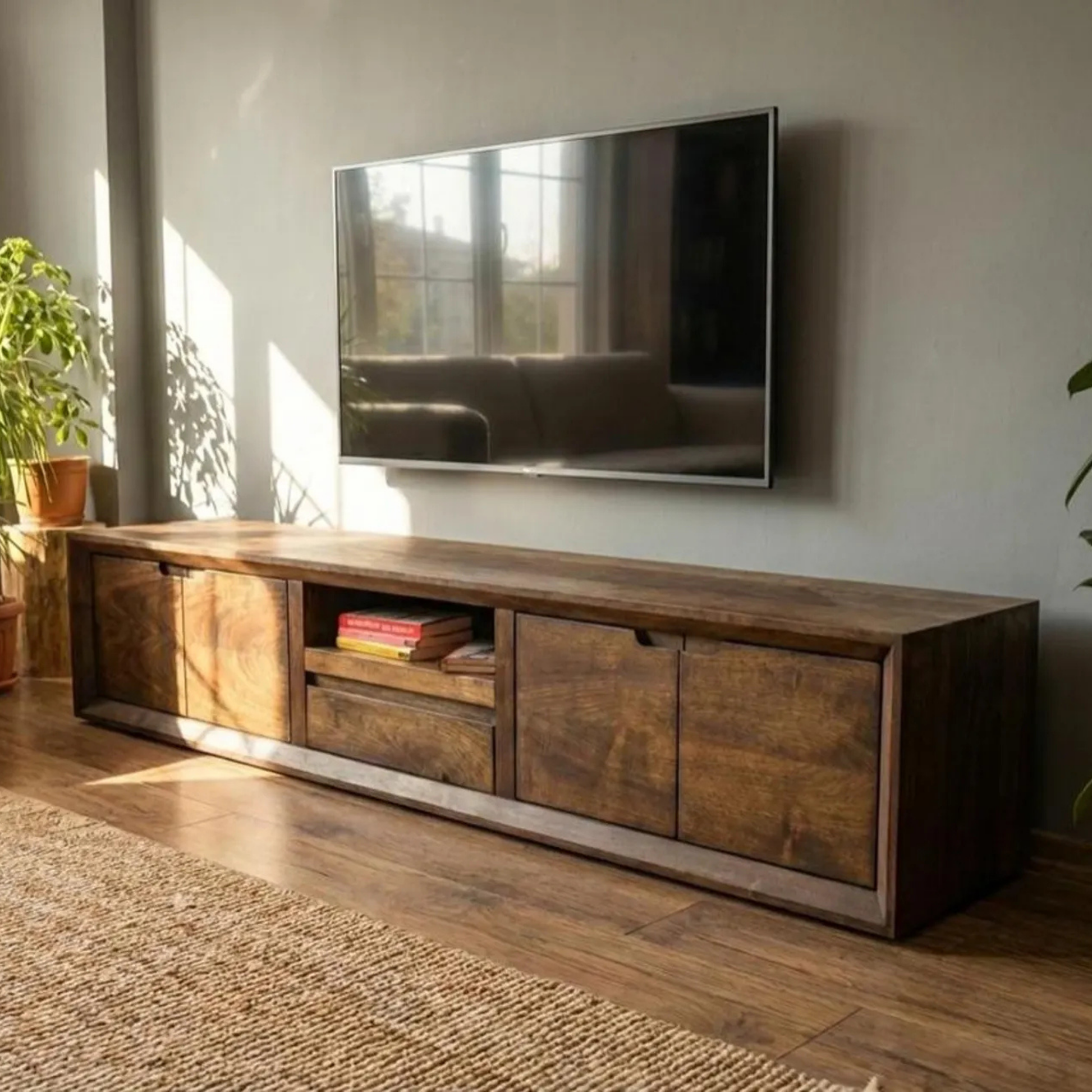Wooden TV stand with a television mounted on the wall in a room with plants and a rug.
