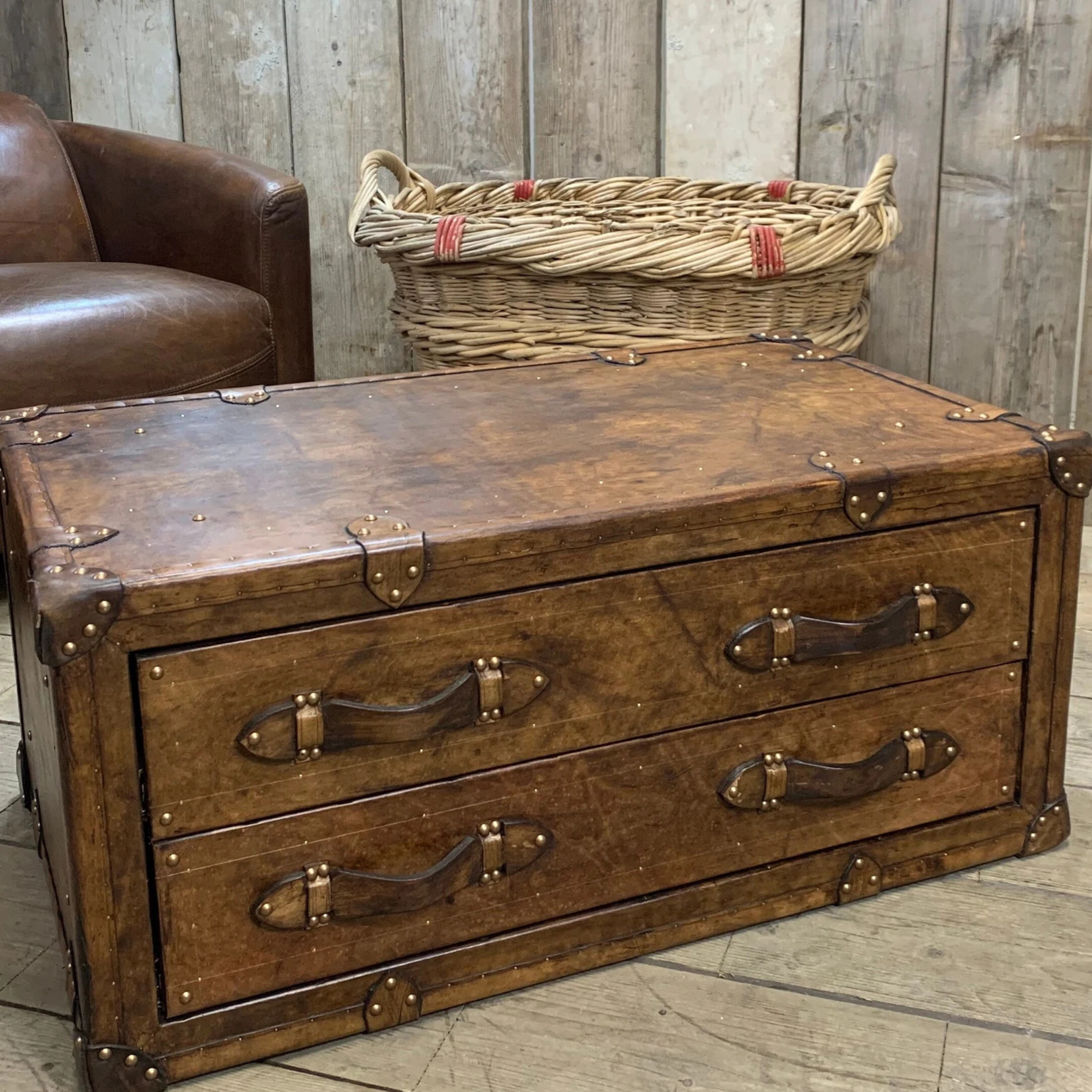 Handmade leather coffee table trunk vintage inspired storage chest by Adaptivo Furniture