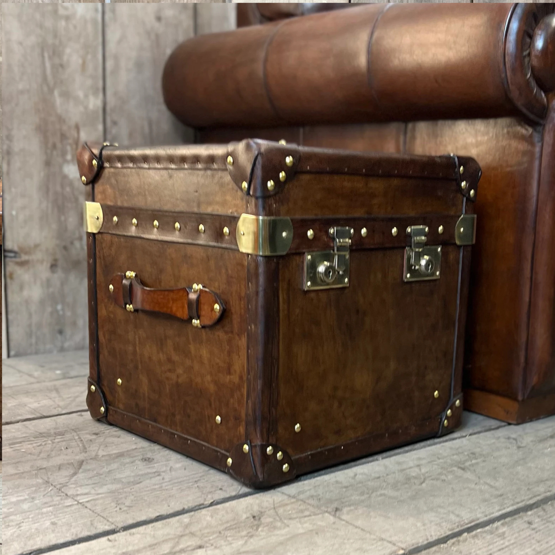 Leather side table trunk dimensions 15.75 x 15.75 x 15.75 inches compact cube storage table