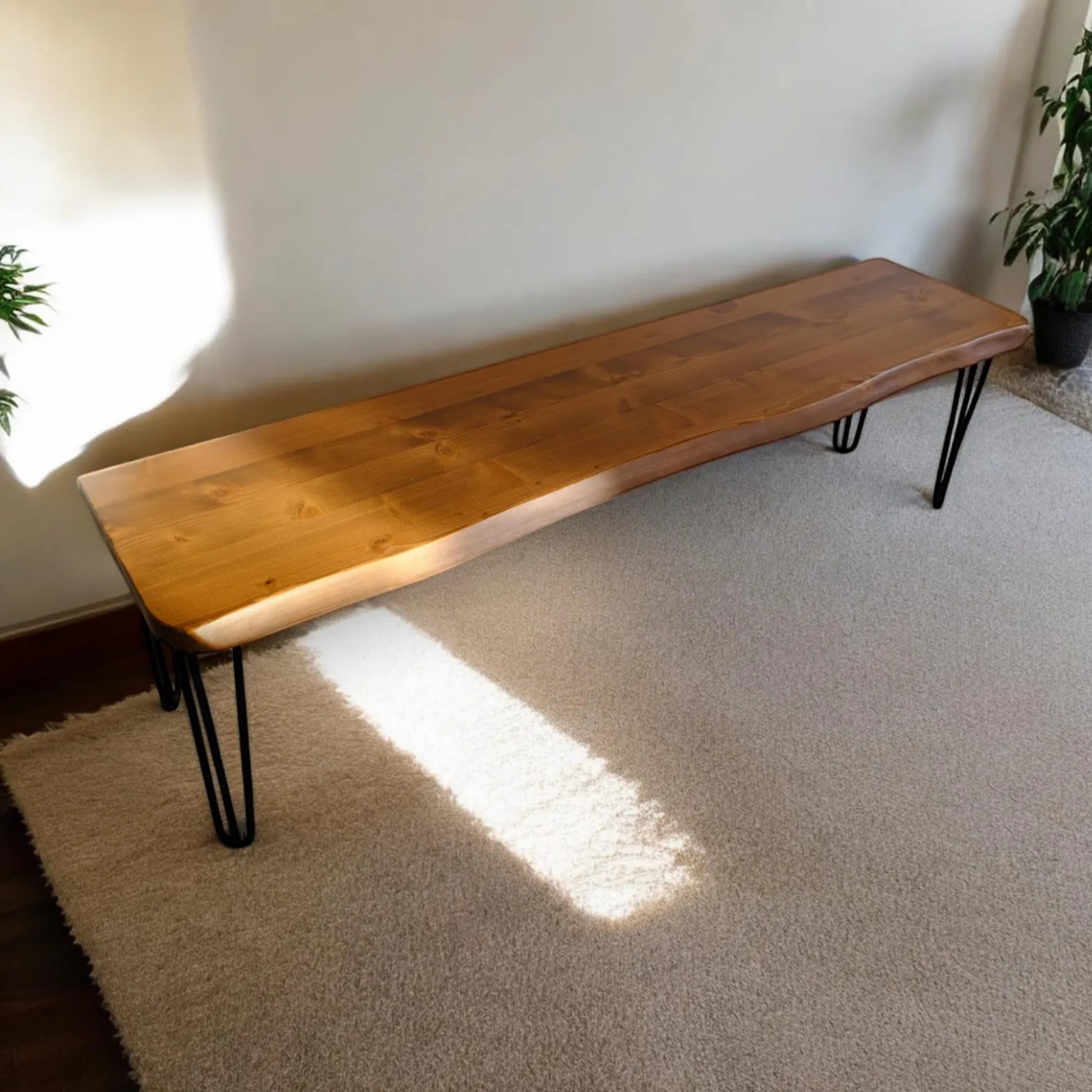A live-edge wooden bench with a natural wood top and black metal hairpin legs, placed on a beige rug in a room corner with plants visible.