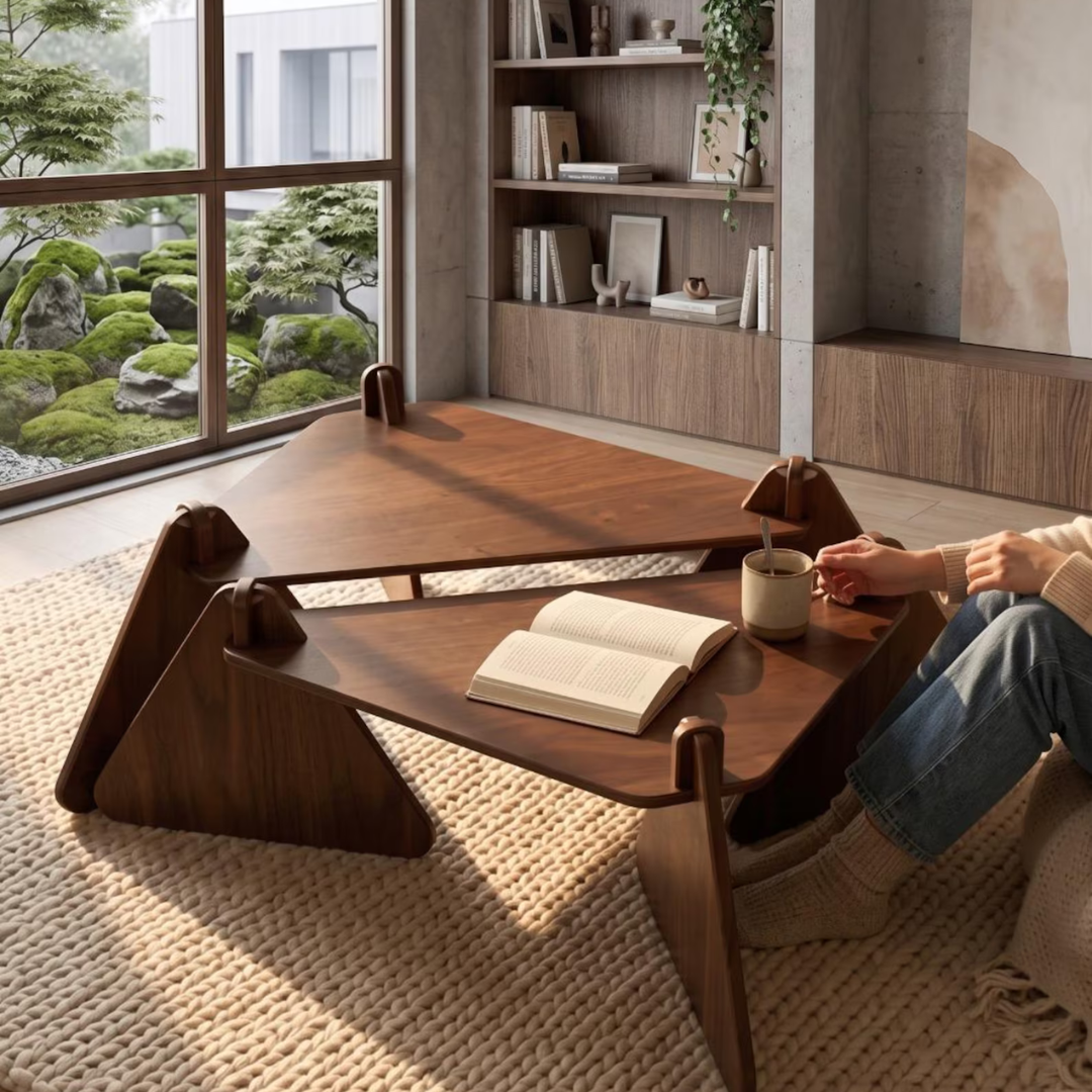 A dark wood Japanese-style low table with triangular legs and three angled tiers, shown in a sunlit room with a person sitting beside it on a woven rug.