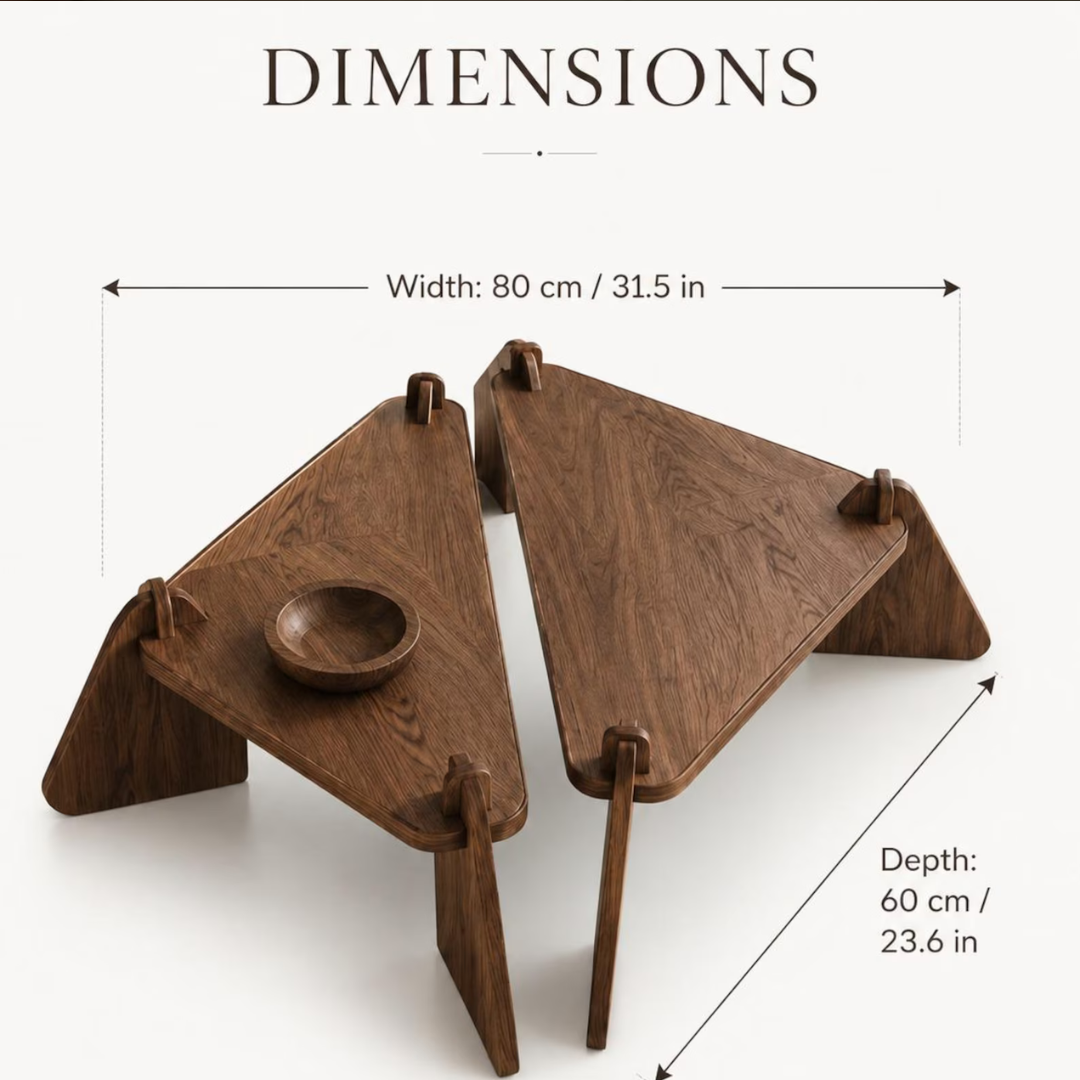 Two triangular wooden folding table legs or stand pieces shown on a light background with dimension arrows and text indicating width 80 cm / 31.5 in and depth 60 cm / 23.