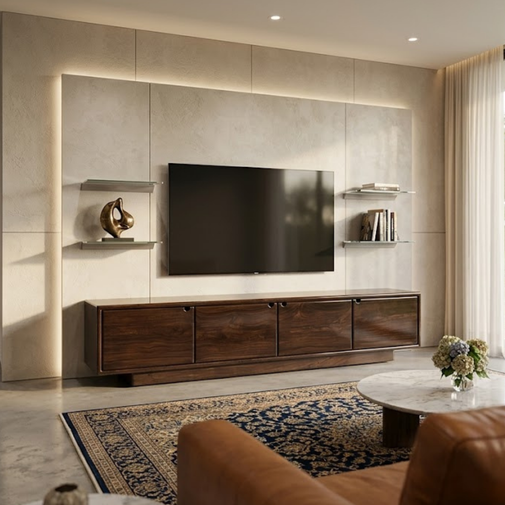 Modern living room with a television mounted on a wall, wooden cabinet, and decorative elements.