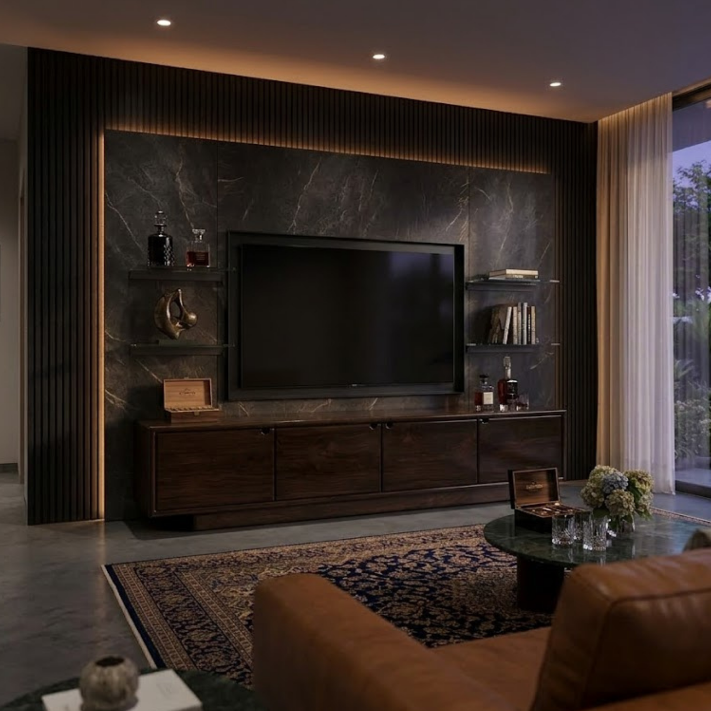 Modern living room with a large TV mounted on a dark marble wall.