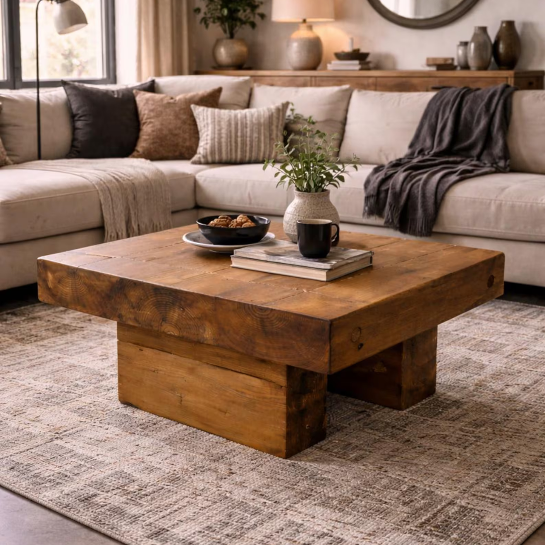A rustic rectangular wooden coffee table with thick block legs, styled in a cozy living room setting on a textured beige rug in front of a light beige sectional sofa.