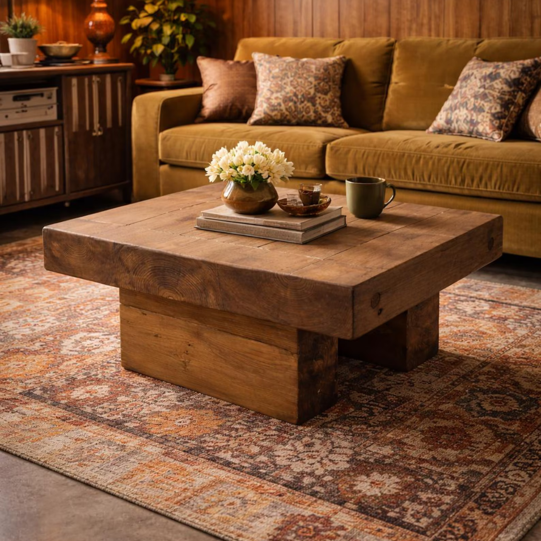 A rustic square wooden coffee table with a thick block base, styled in a cozy living room setting on a patterned area rug with a mustard green sofa in the background.