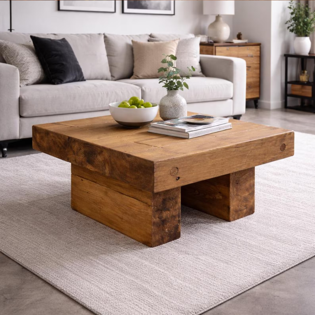 A rustic rectangular wooden coffee table with thick block legs, styled in a modern living room setting on a light beige rug in front of a light gray sofa.