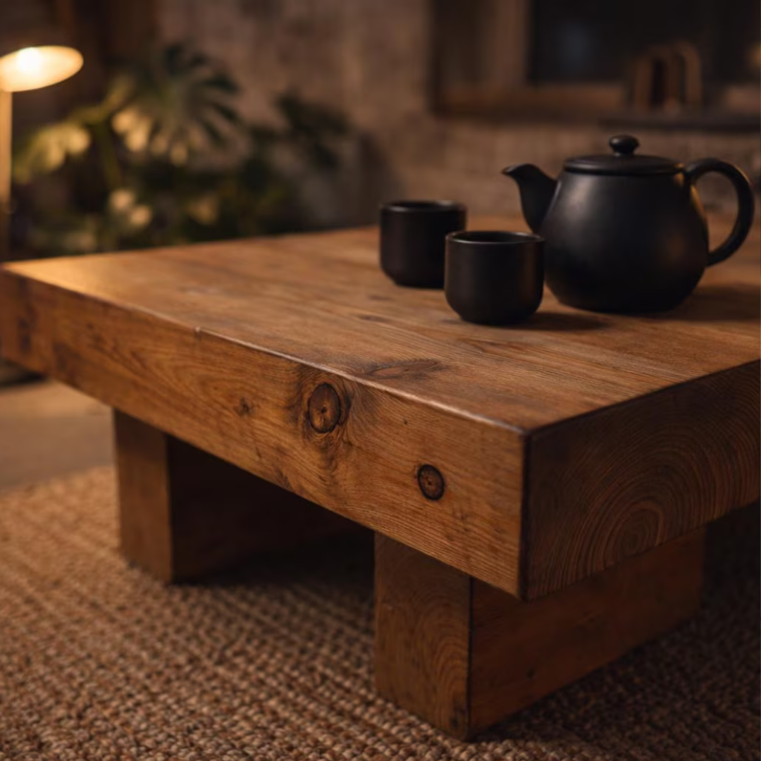 A rustic wooden coffee table in a warm, dimly lit room, styled with a black ceramic teapot and two matching cups.