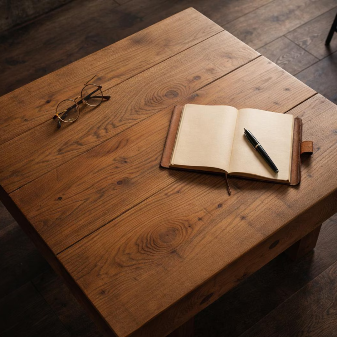 A rustic wooden table with a warm brown finish, styled with an open notebook, a black pen, and a pair of round glasses on a dark wood floor.