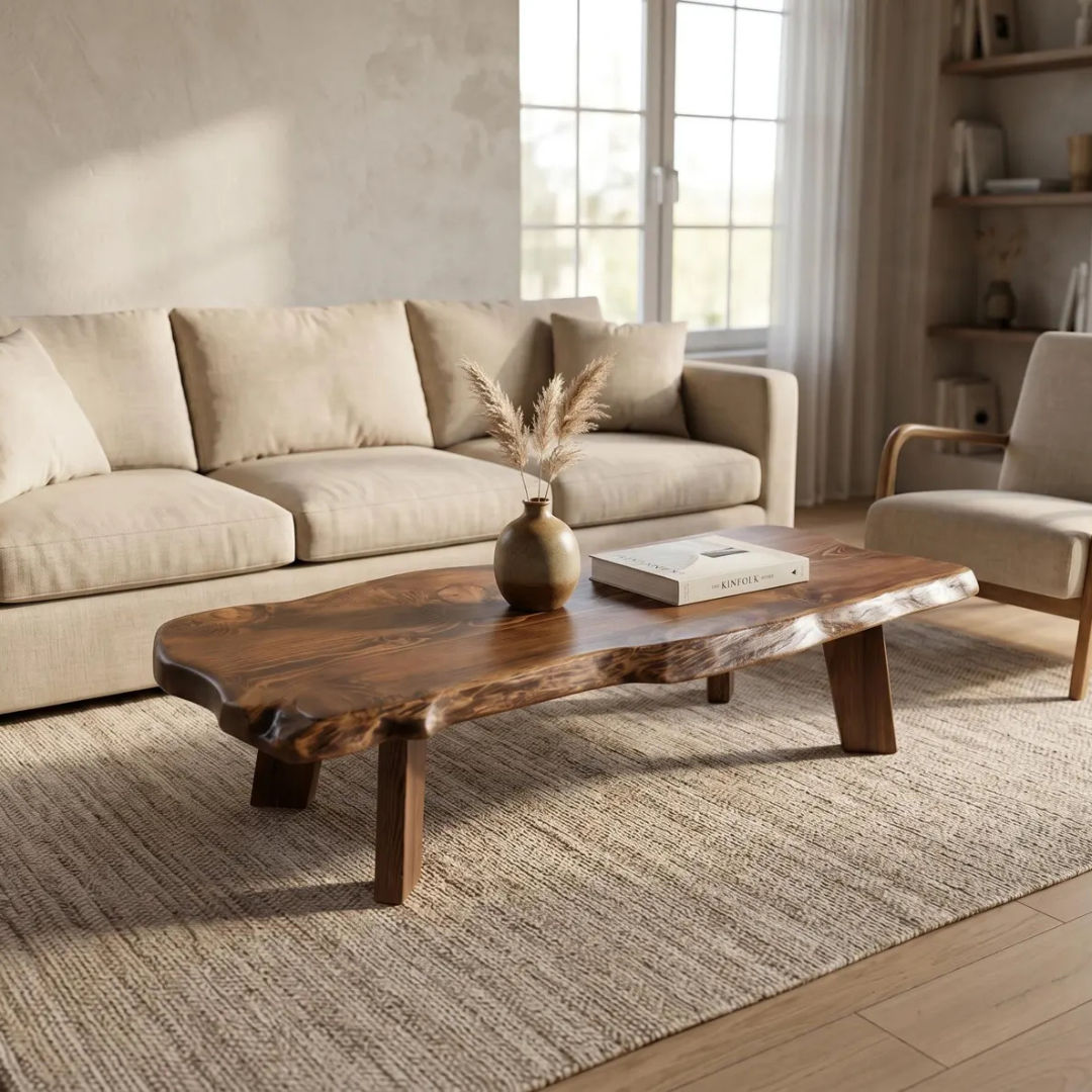 Live Edge Coffee Table | Solid Sheesham Wood Handmade Center Table | Rustic Living Room Furniture