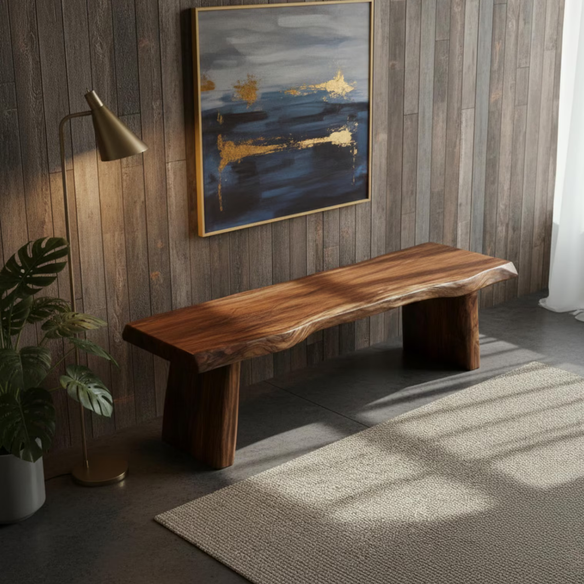 Handcrafted live edge Sheesham wood bench for entryway, made from 100% solid Sheesham wood by Adaptivo Furniture. Rustic hallway seating with natural wood grain.