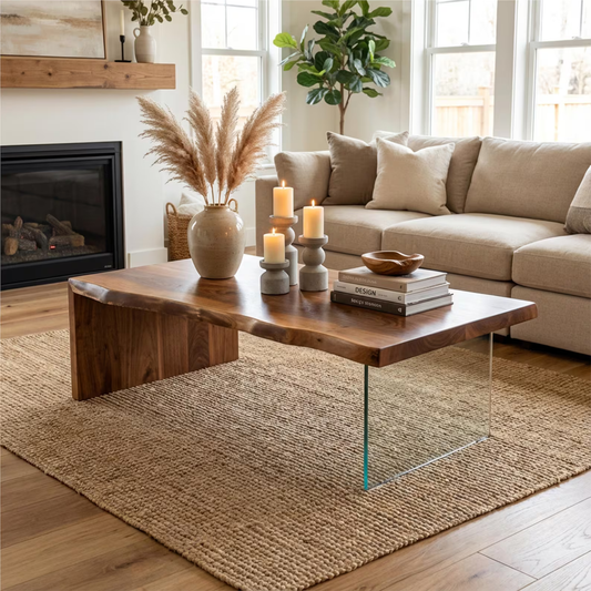 Live edge Sheesham wood coffee table with glass legs waterfall design