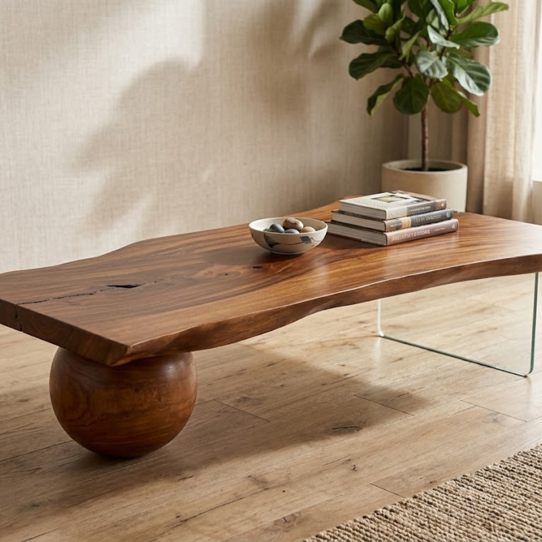 A live-edge wooden coffee table with a round carved wood base, styled in a warm, modern living room setting with a plant and books.