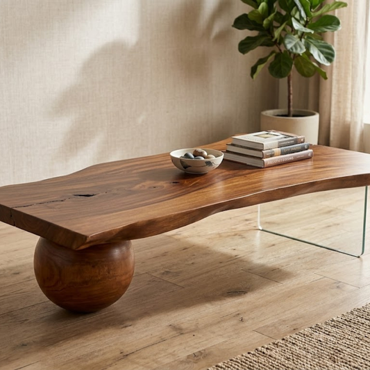 A live-edge wooden coffee table with a round carved wood base, styled in a warm, modern living room setting with a plant and books.