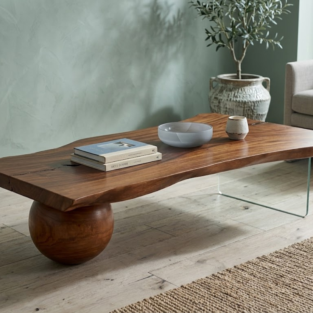 A live-edge wooden coffee table with a spherical base, styled in a modern living room setting with books, a bowl, and a small cup on a light wood floor.