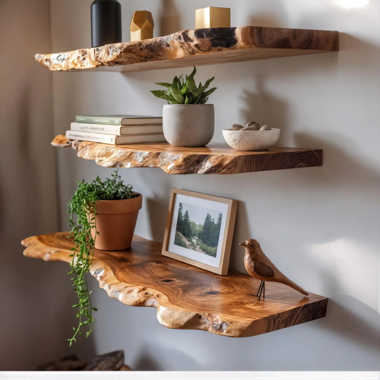 Three rustic live-edge wooden floating shelves mounted on a light gray wall, styled with books, potted plants, a small bowl, a framed landscape print, and a wooden bird figurine.