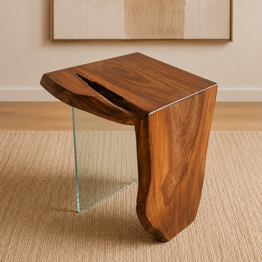 A rustic live-edge wooden side table with a thick, polished walnut-look wood leg and a clear glass block base, set on a beige textured rug in a minimalist room.