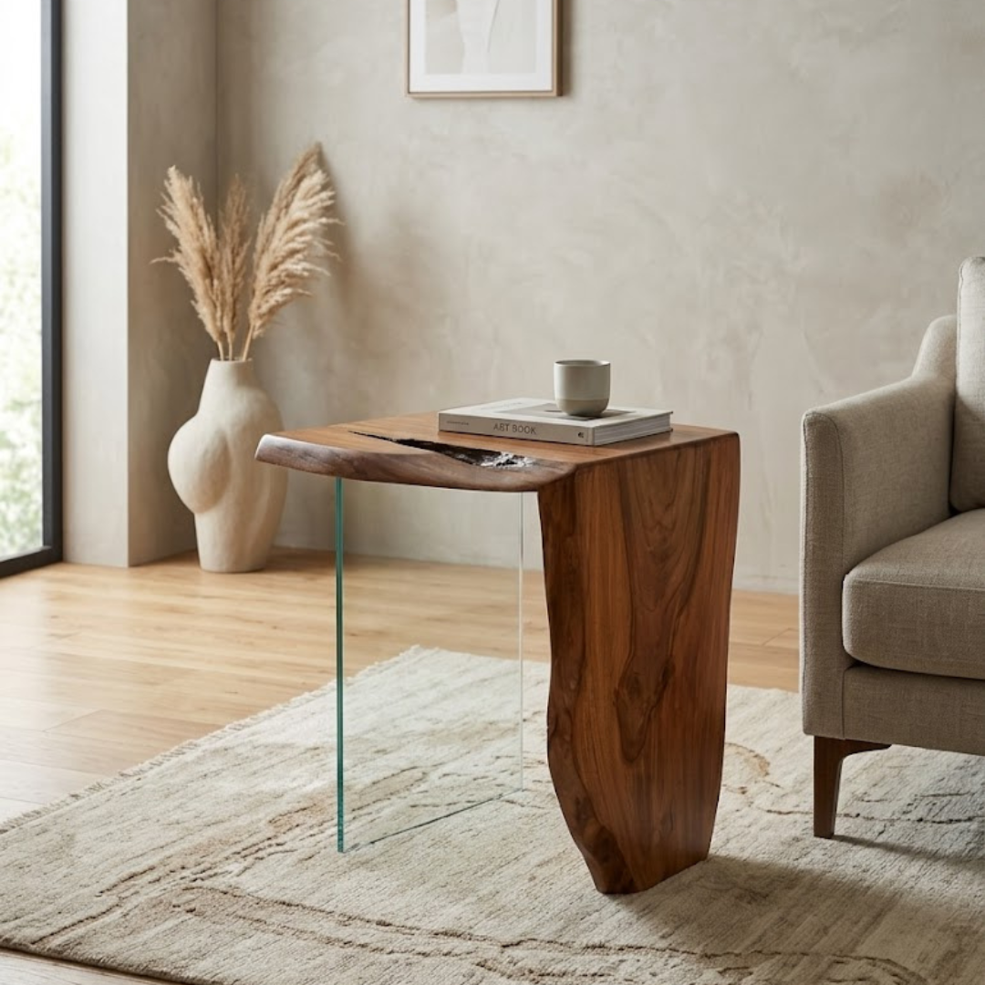 A live-edge wood side table with a clear glass leg, styled in a modern living room next to a beige armchair and on a textured rug.
