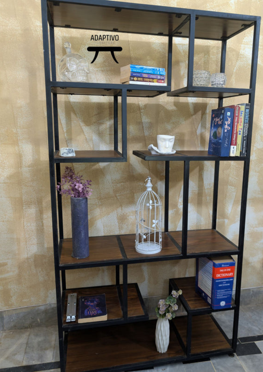 Black Metal & Sheesham Wood Tall Shelf – Modern Design | Adaptivo Furniture