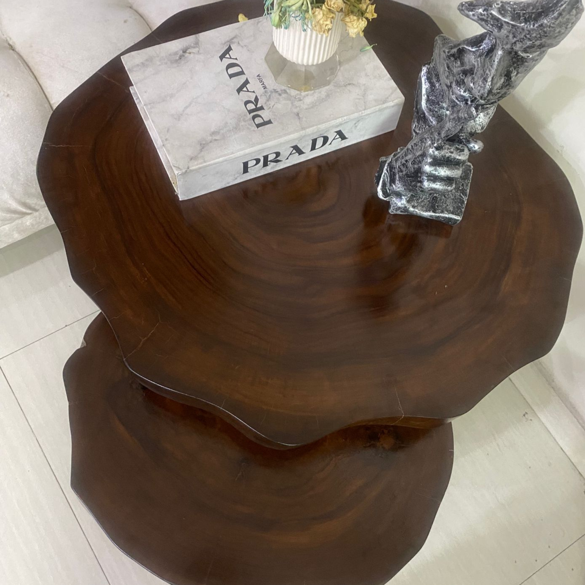 Close-up view of Sheesham wood grain and live edge detailing on solid wood coffee table by Adaptivo Furniture.