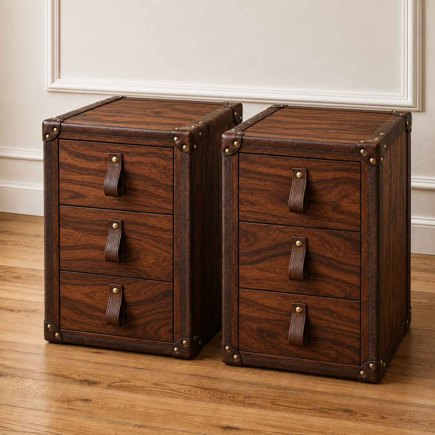 Luxury Pure Sheesham Wood Nightstand Pair with Leather Border and Brass Studs by Adaptivo Furniture