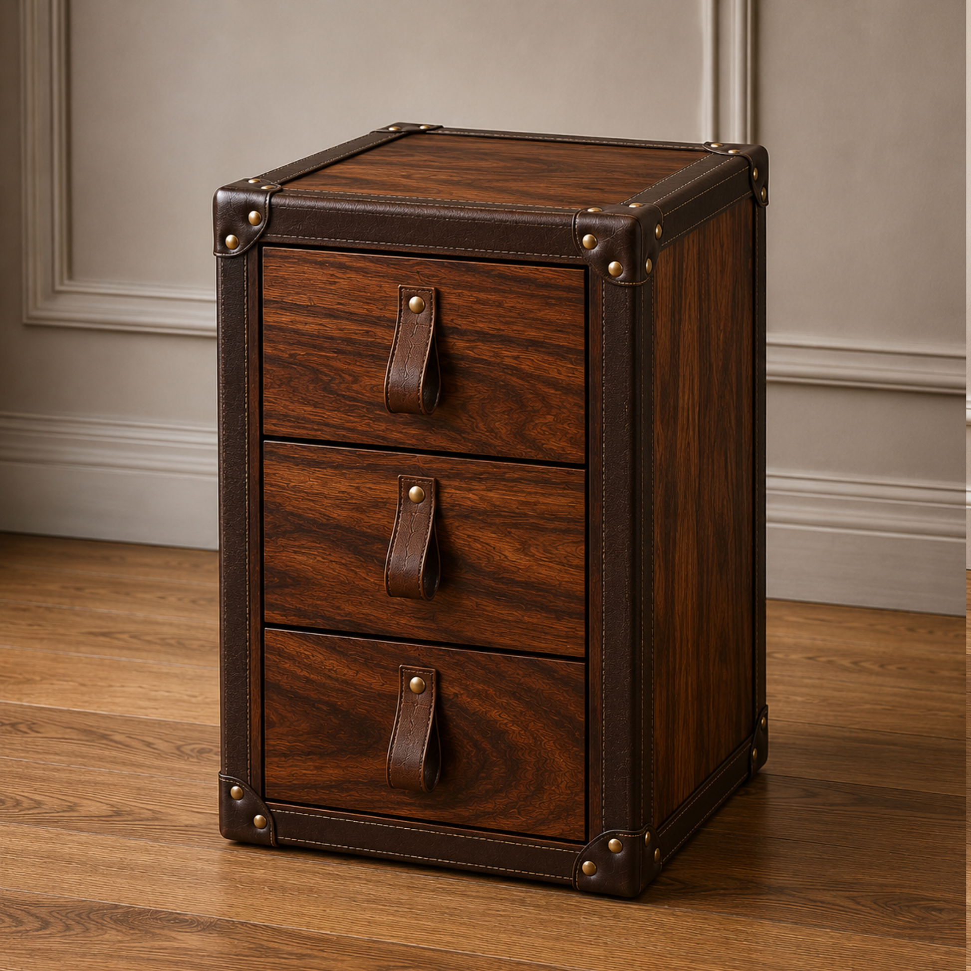 Handmade Solid Sheesham Wood Vintage Bedside Table with Leather Accents
