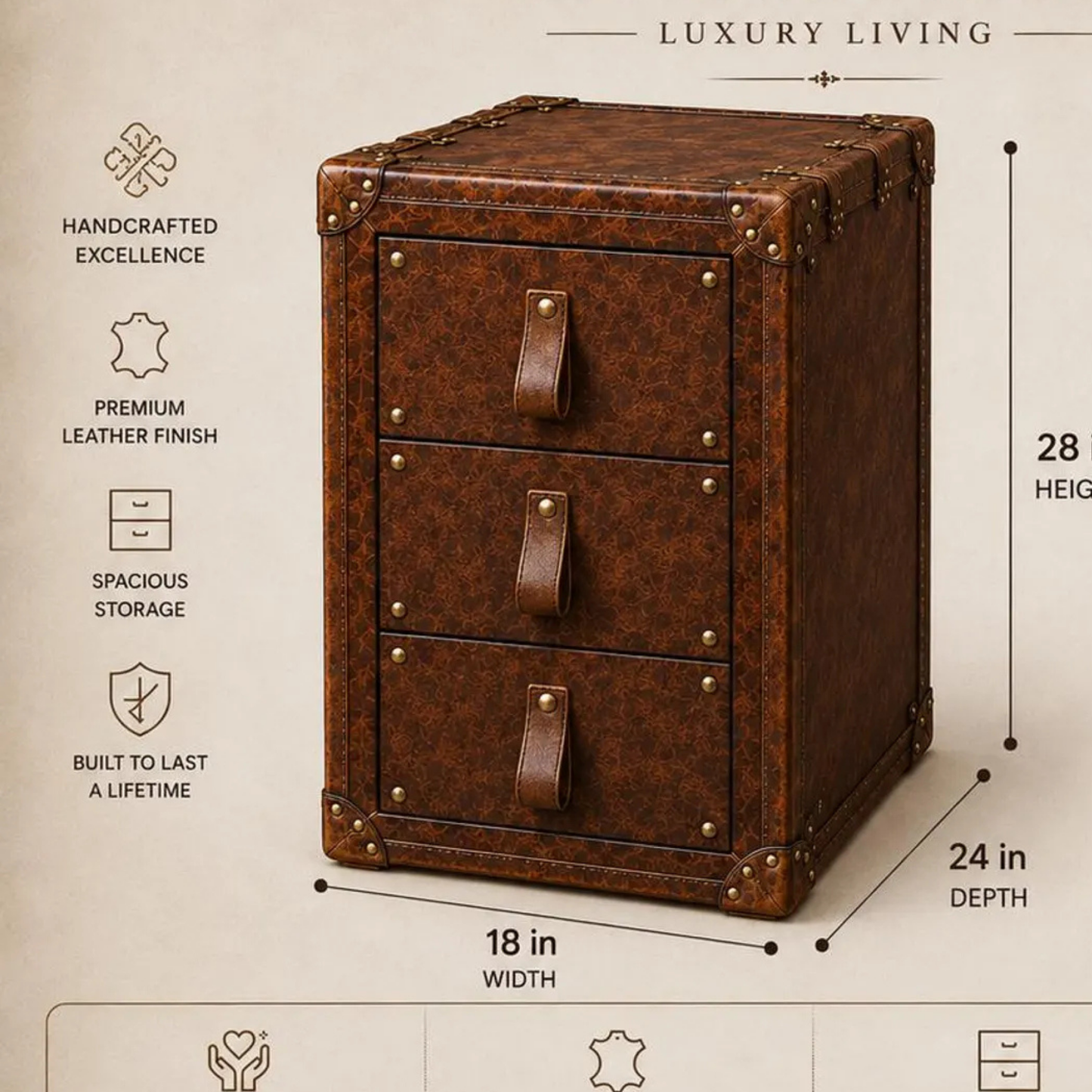 Premium Three Drawer Pure Sheesham Wood Nightstand for Modern Bedroom