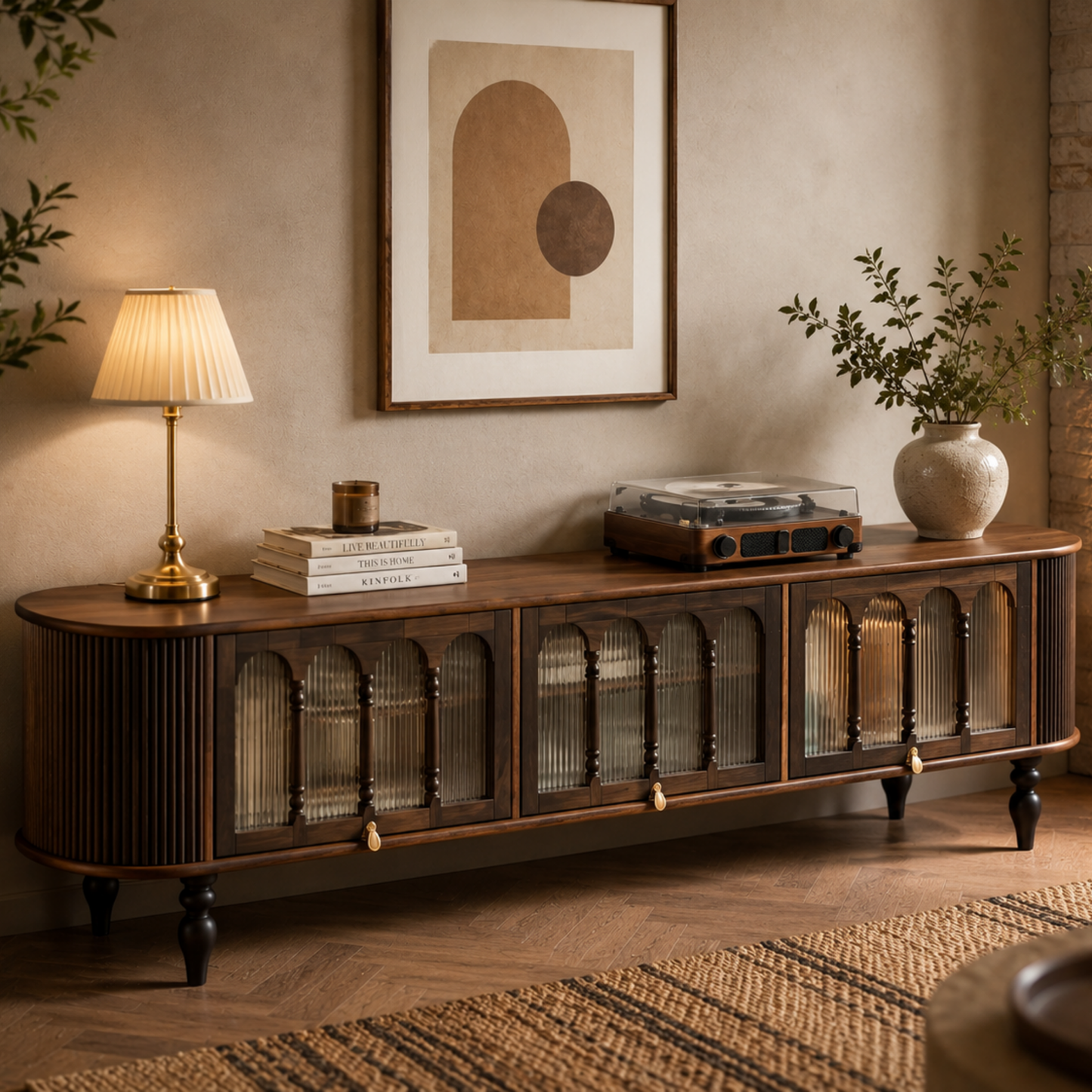 Luxury handcrafted Sheesham wood TV stand with fluted side panels and reeded glass doors, made from 100% solid Sheesham wood by Adaptivo Furniture.