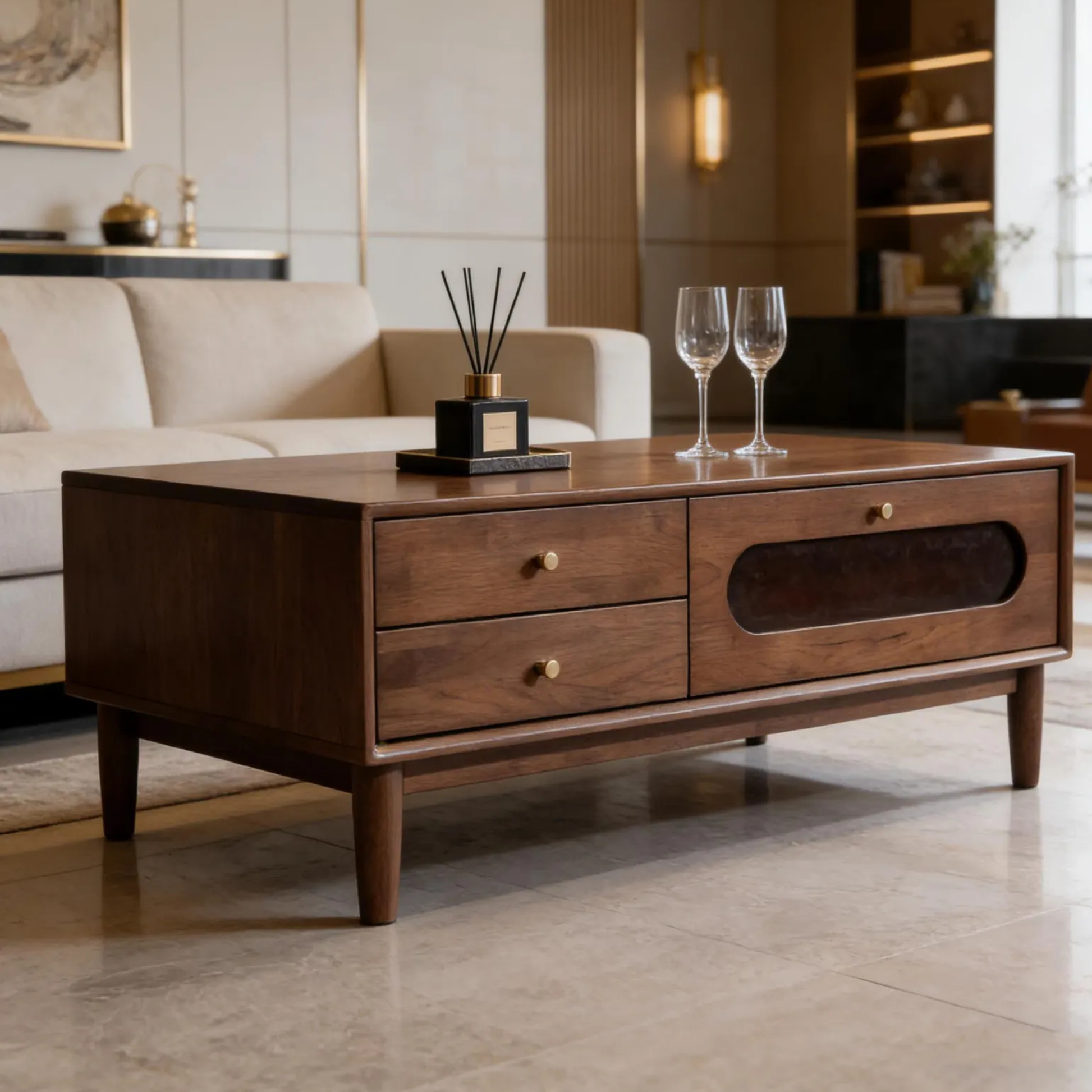 Wooden coffee table with decorative items in a living room setting