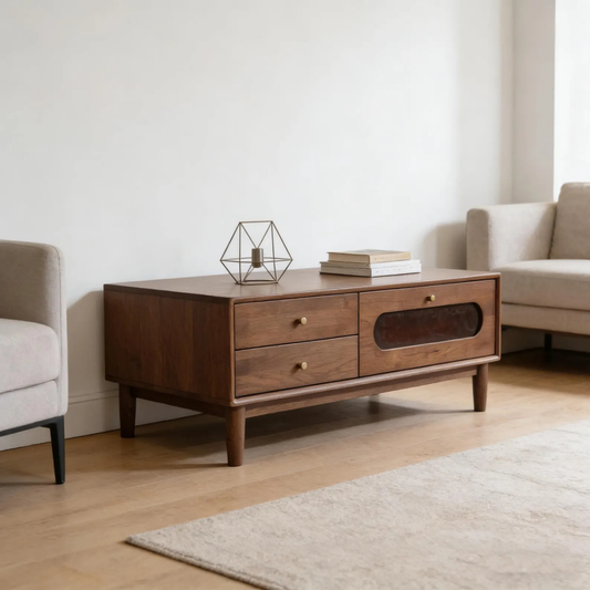 Wooden coffee table with decorative items in a living room setting