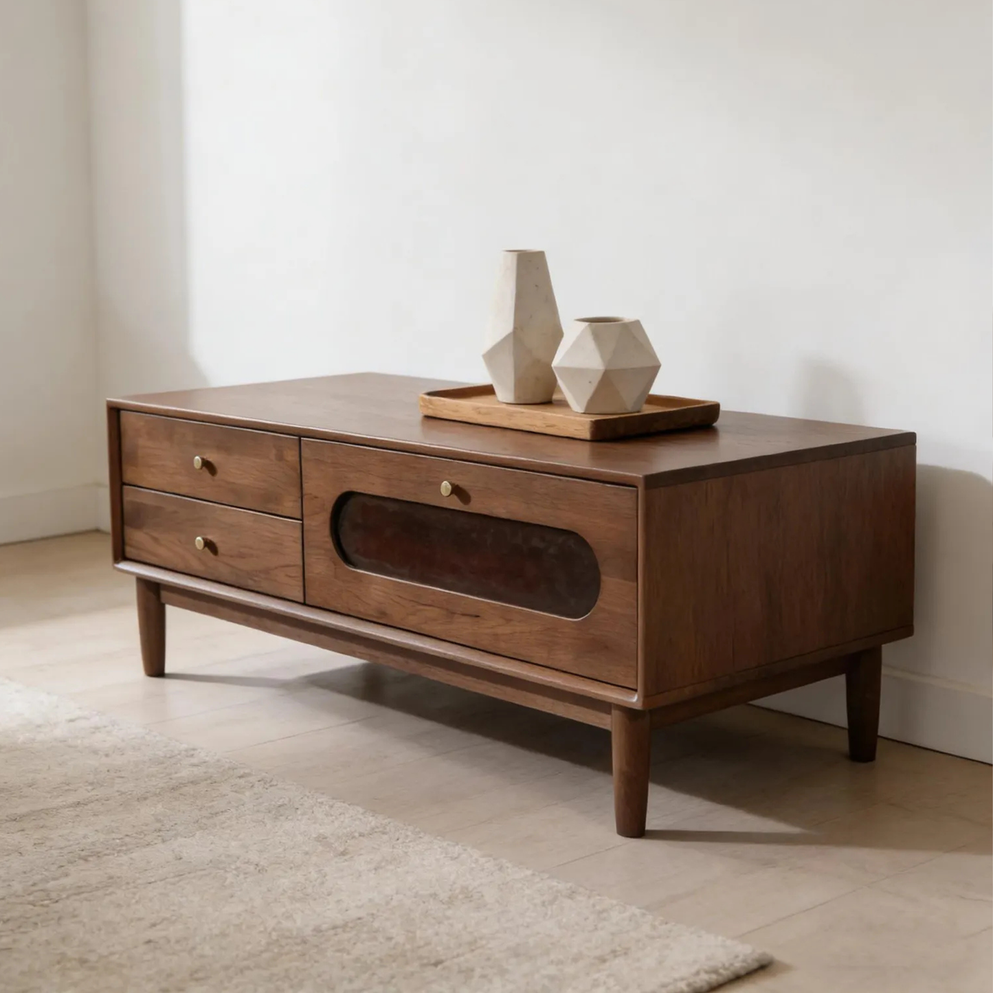 Wooden coffee table with decorative items in a minimalistic room