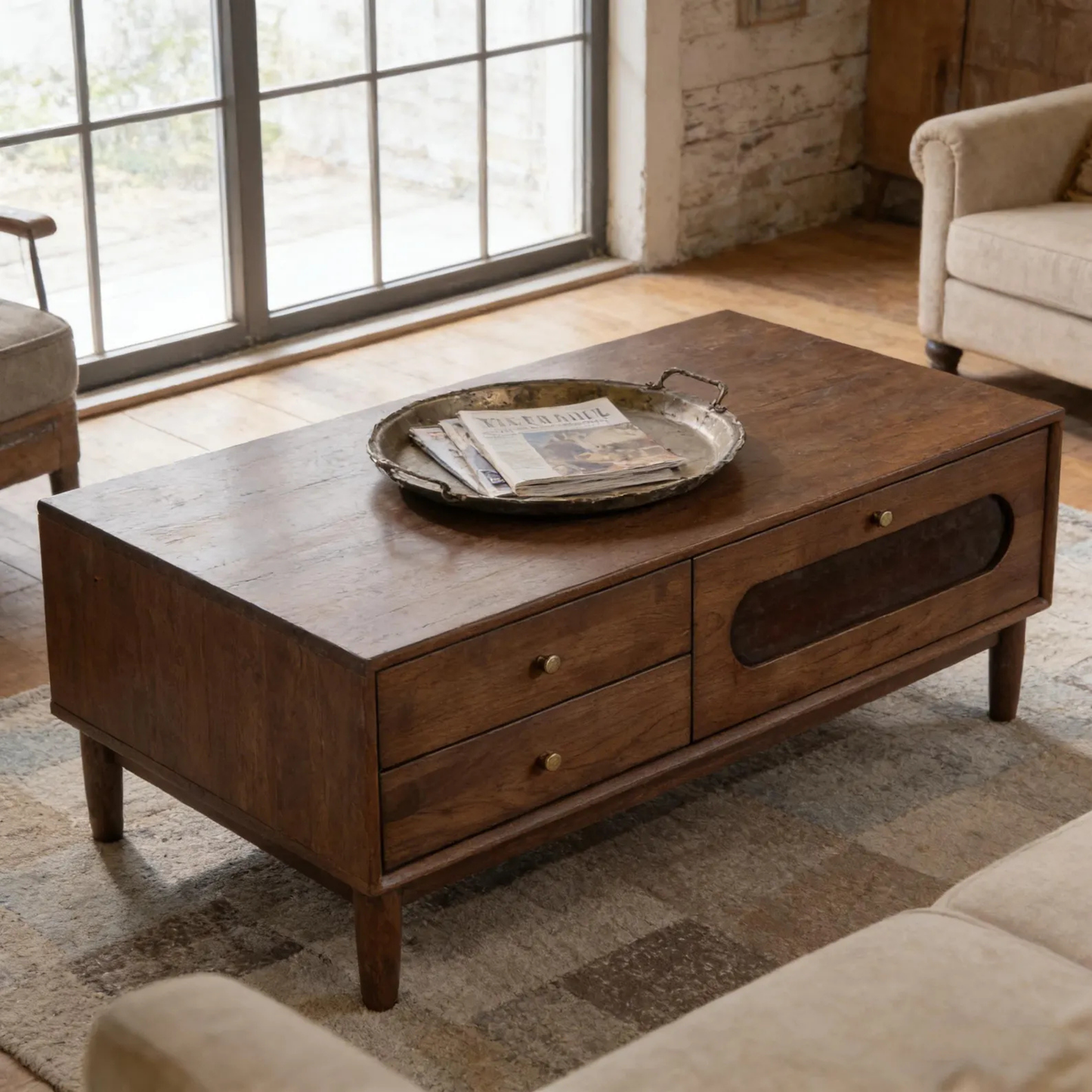 Wooden coffee table with a tray and newspaper in a living room setting