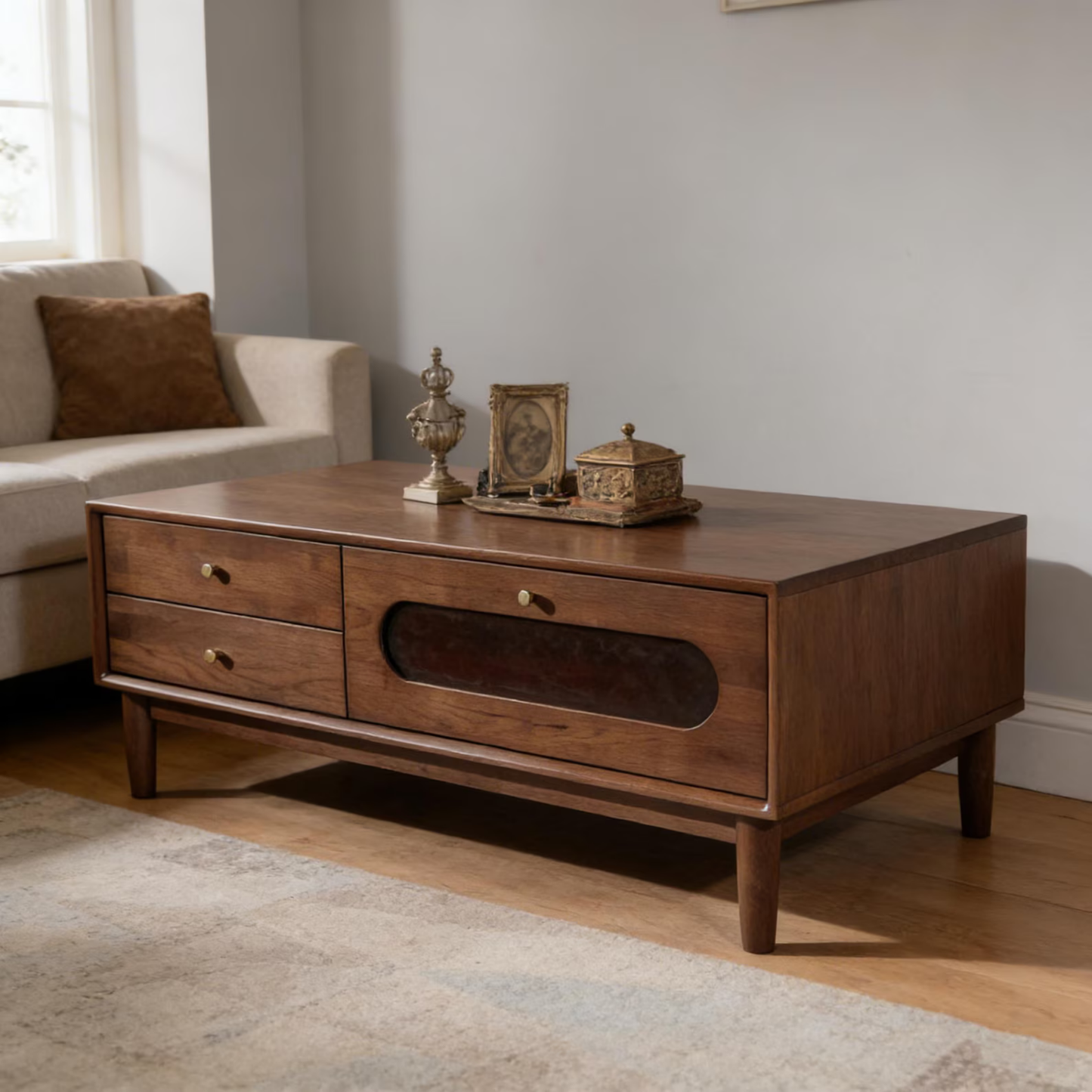 Wooden coffee table with decorative items in a living room setting