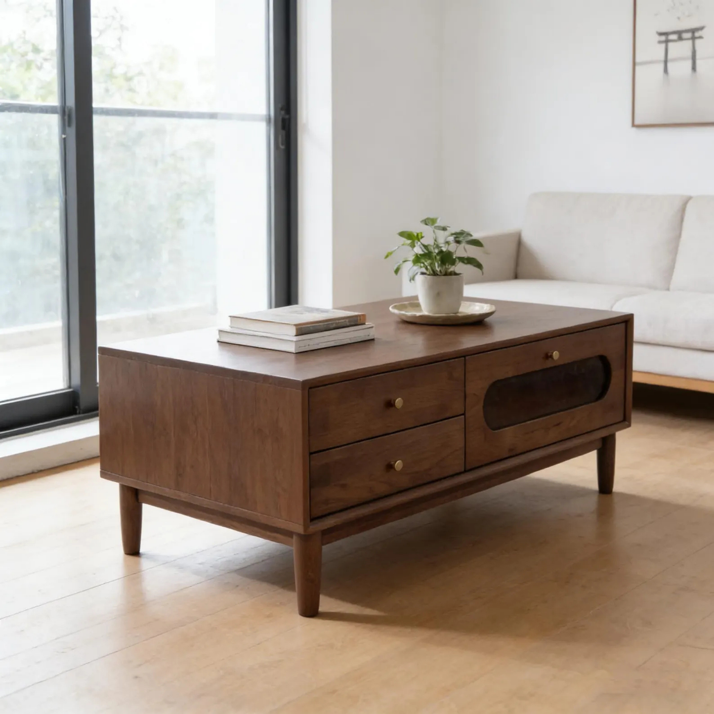 Wooden coffee table in a living room with a white sofa and large windows.