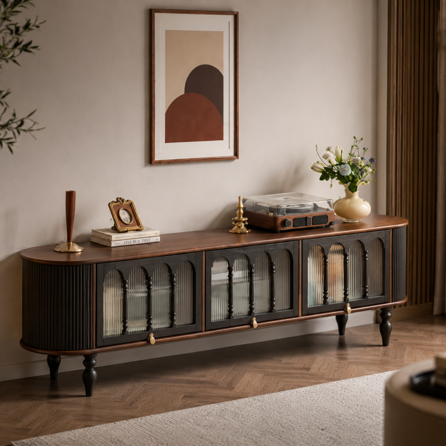 Luxury Sheesham wood TV stand styled in a contemporary living room, offering elegant storage and timeless design for modern homes