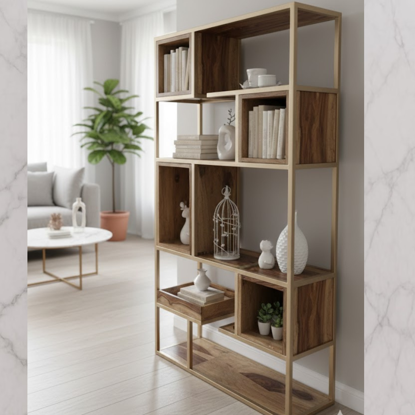 Metal & Wood Tall Standing Shelf in Pure Sheesham – Modern Industrial Bookshelf for Living Room | Adaptivo Furniture