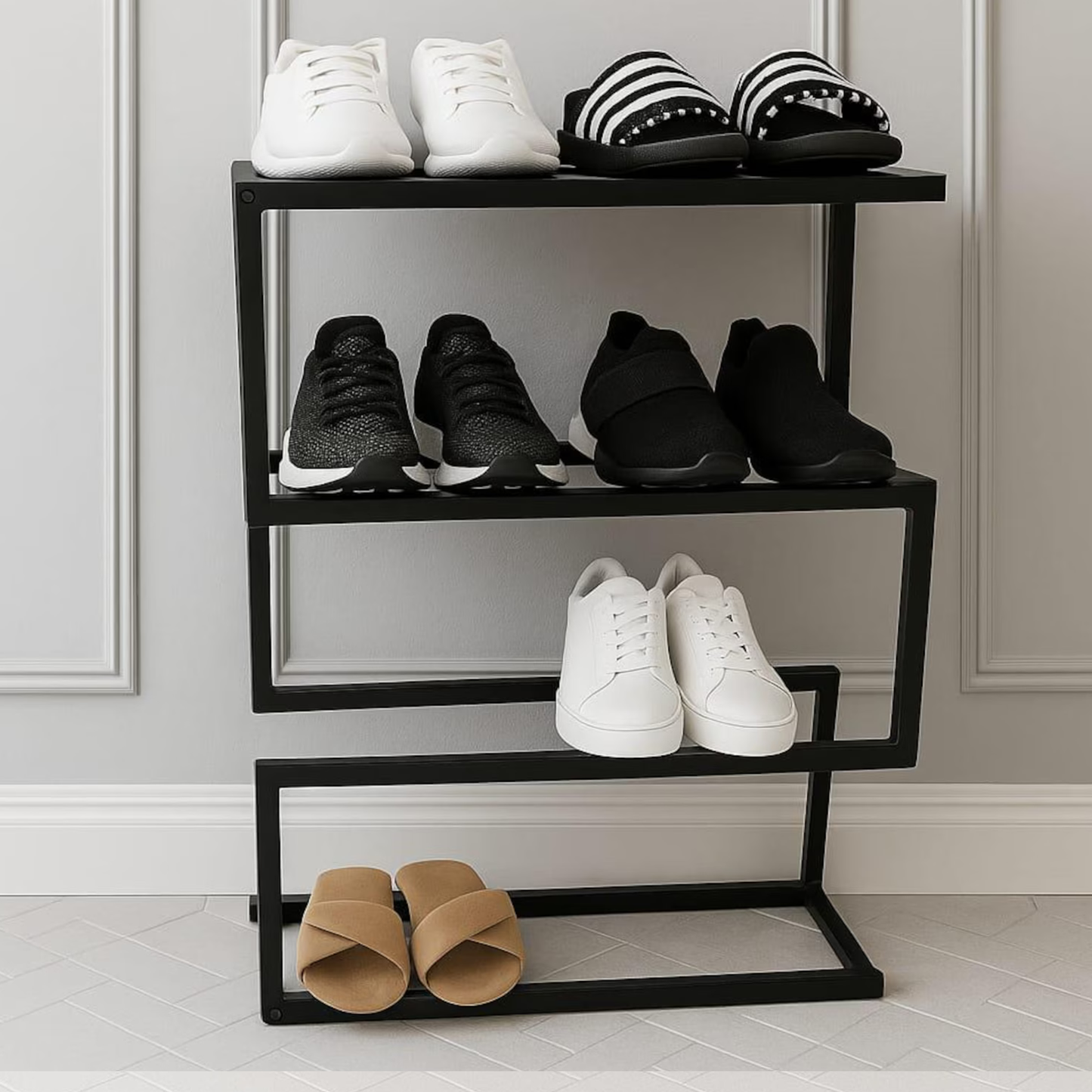 3-Level Metal Shoe Organizer – Compact Freestanding Shoe Storage Rack for Hallway or Closet by Adaptivo Furniture