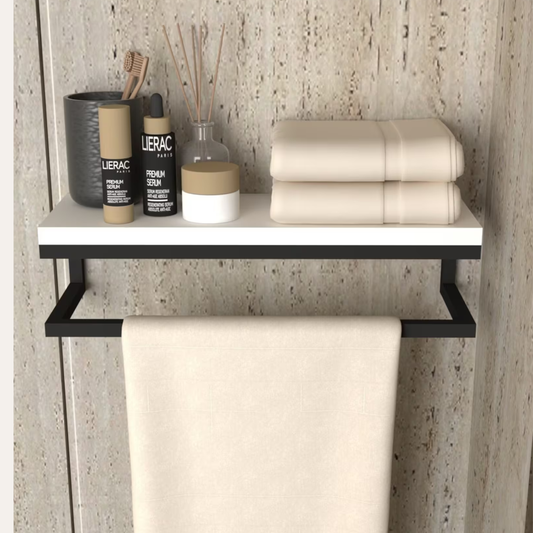 Modern Bathroom Towel Rack Shelf – Wooden Top with Black Metal Frame by Adaptivo Furniture